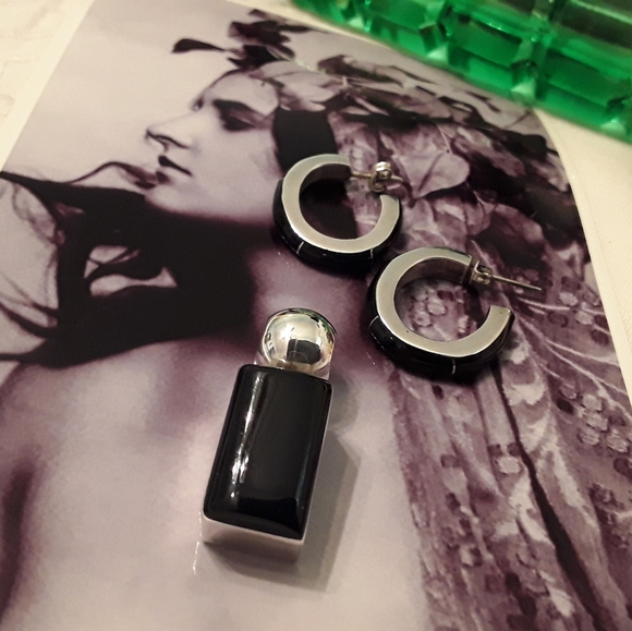 VTG.925 STERLING ONYX SLIDE & ONYX HOOP EARRINGS - Picture 3 of 8